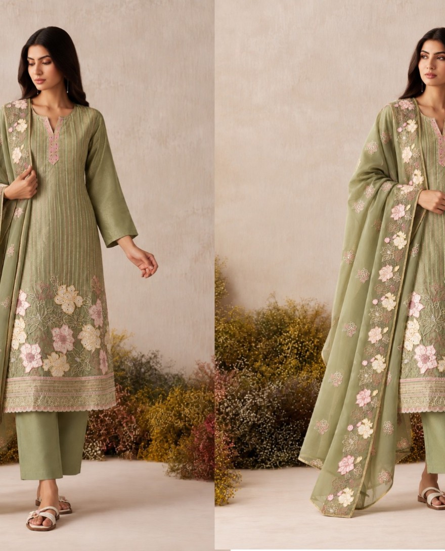 7114 - Green Shimmer Embroidered Work Salwar Suit for Ceremonial